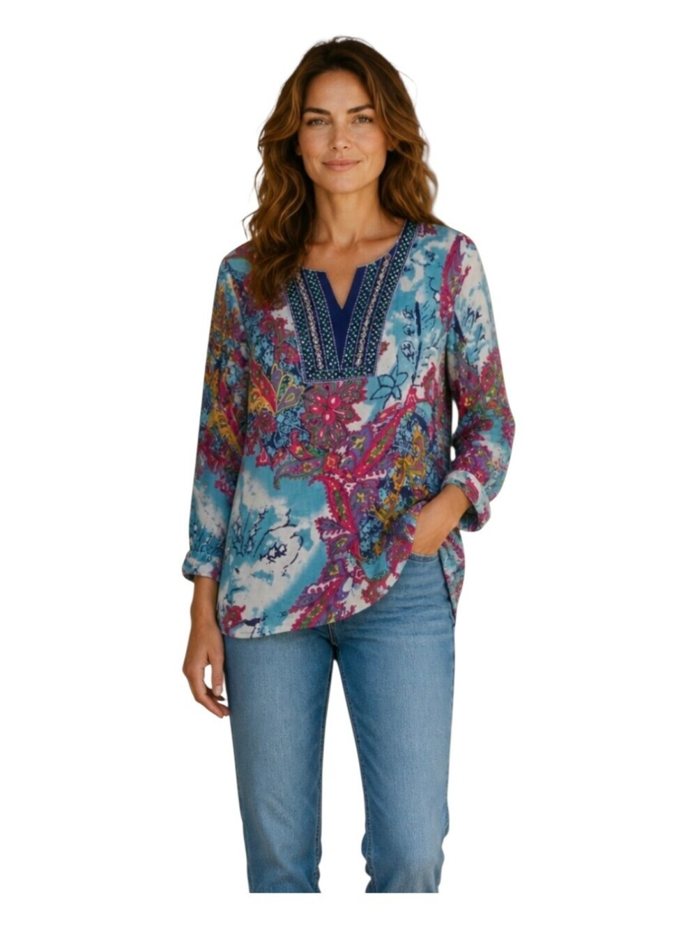 J Peterman Womens Colorful Floral Print Embroidered Beaded Tunic Blouse XS